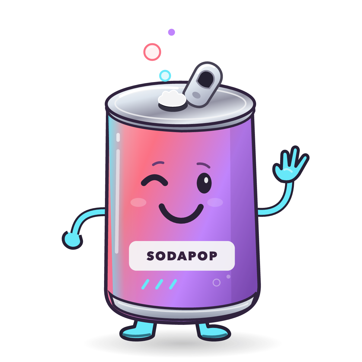 Sodapop's smiling soda-can mascot waves hello.